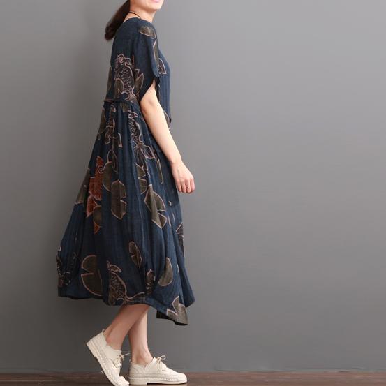 Navy floral linen dress summer dresses plus size sundress short sleeve - Omychic