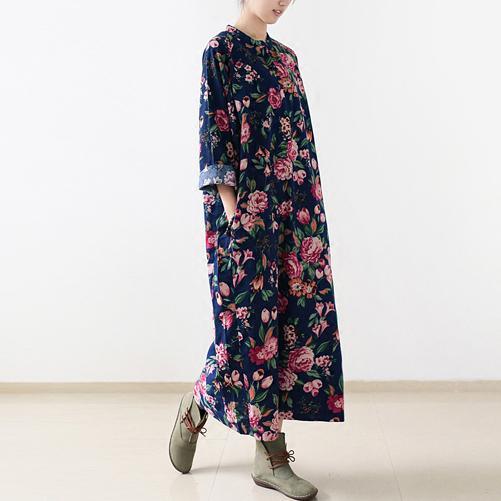 Navy floral linen maxi dress fall cotton dresses long caftans - Omychic