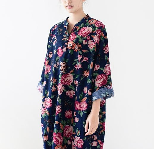 Navy floral linen maxi dress fall cotton dresses long caftans - Omychic