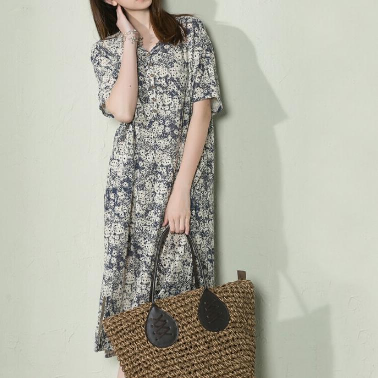 Navy Floral Linen Summer Maxi Dress Loose Long Sundress Casual Holiday Dresses ( Limited Stock) - Omychic