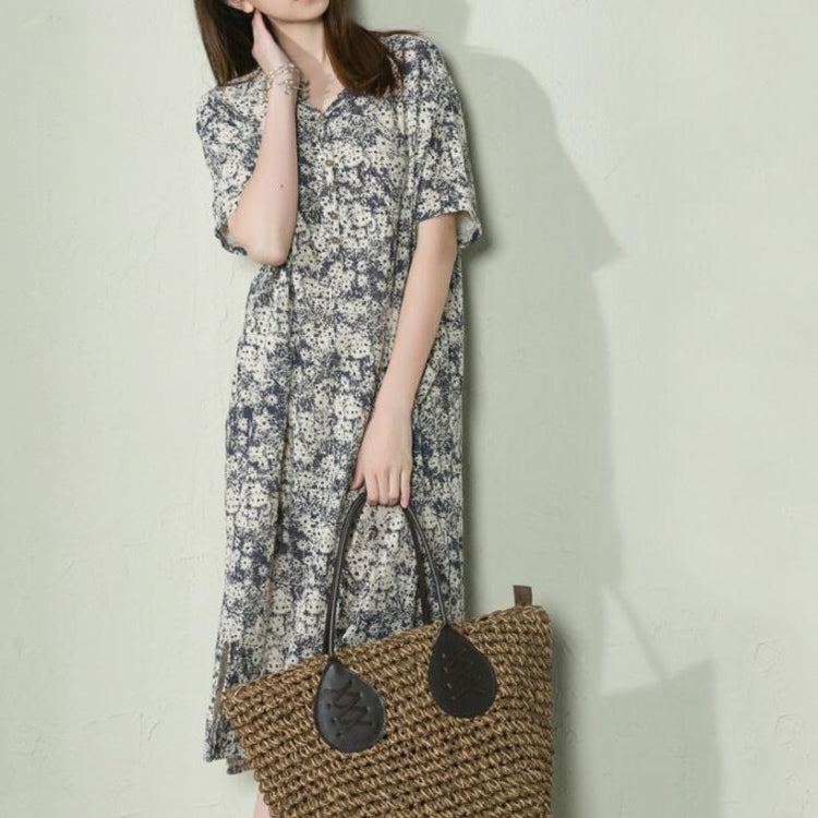 Navy Floral Linen Summer Maxi Dress Loose Long Sundress Casual Holiday Dresses ( Limited Stock) - Omychic
