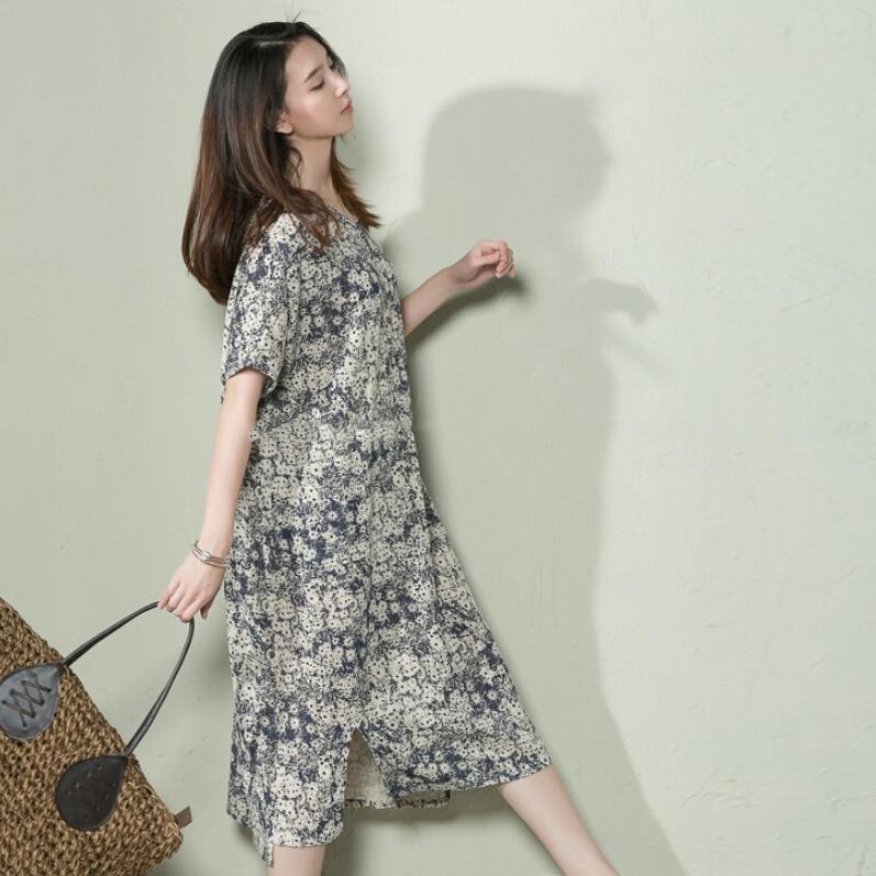 Navy Floral Linen Summer Maxi Dress Loose Long Sundress Casual Holiday Dresses ( Limited Stock) - Omychic