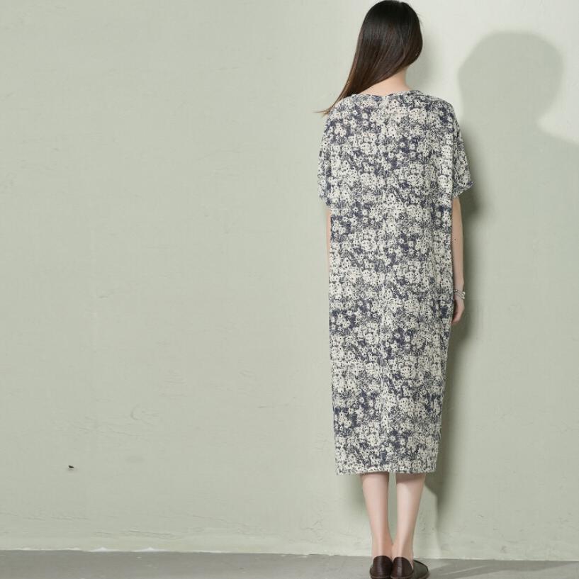 Navy Floral Linen Summer Maxi Dress Loose Long Sundress Casual Holiday Dresses ( Limited Stock) - Omychic