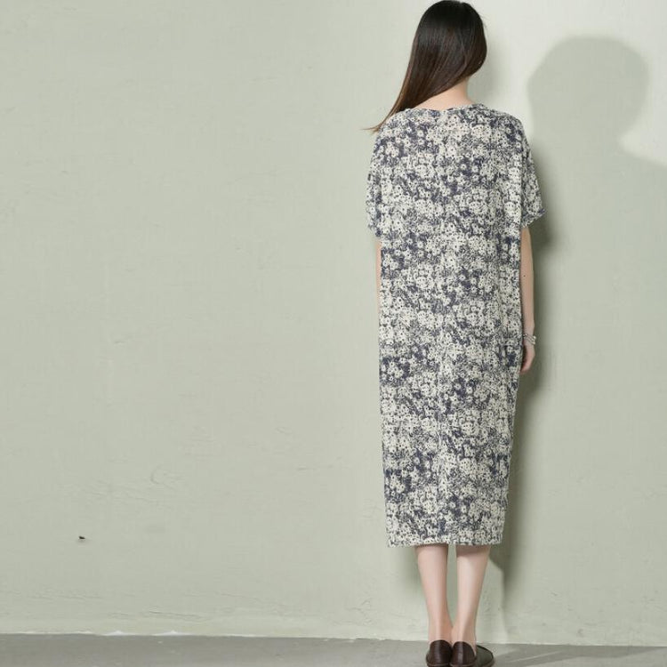 Navy Floral Linen Summer Maxi Dress Loose Long Sundress Casual Holiday Dresses ( Limited Stock) - Omychic