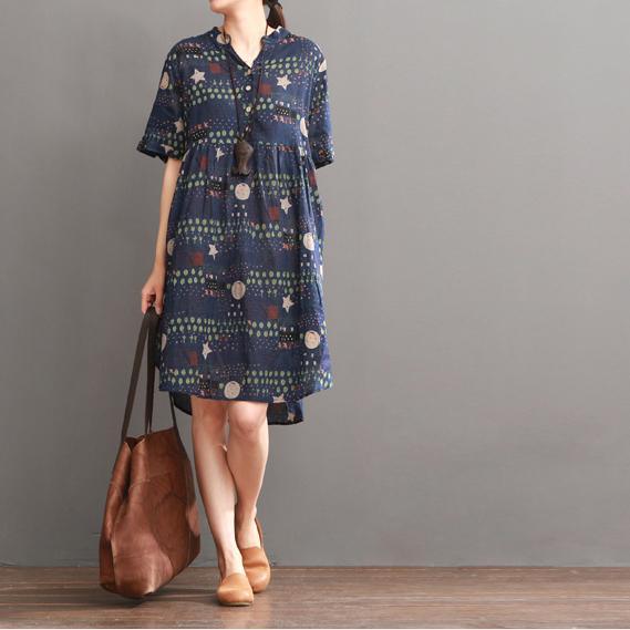 Navy floral print summer dresses oversize blouse shirt - Omychic