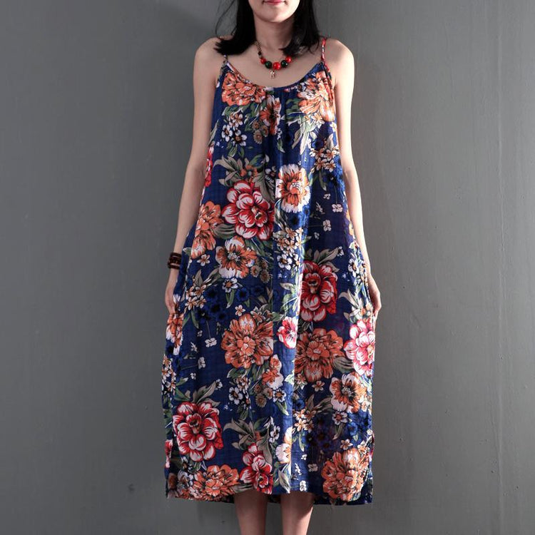 Navy floral print summer maxi dress plus size long cotton sundresses - Omychic