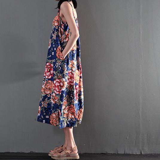 Navy floral print summer maxi dress plus size long cotton sundresses - Omychic