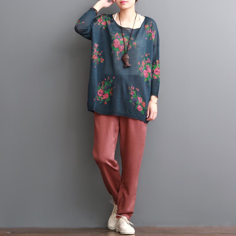 Navy floral print women blouse for summer loose shirts top - Omychic