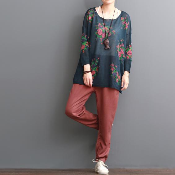 Navy floral print women blouse for summer loose shirts top - Omychic