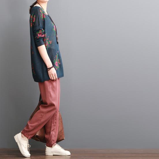 Navy floral print women blouse for summer loose shirts top - Omychic