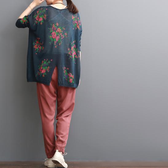Navy floral print women blouse for summer loose shirts top - Omychic