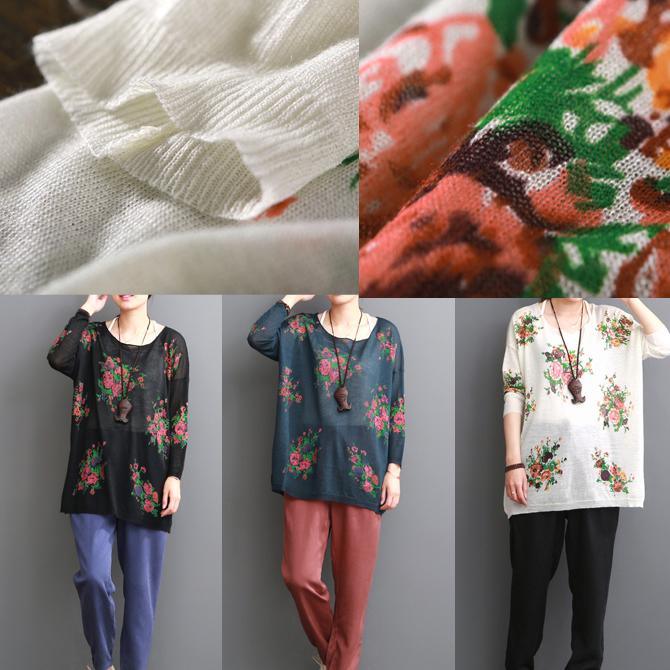 Navy floral print women blouse for summer loose shirts top - Omychic