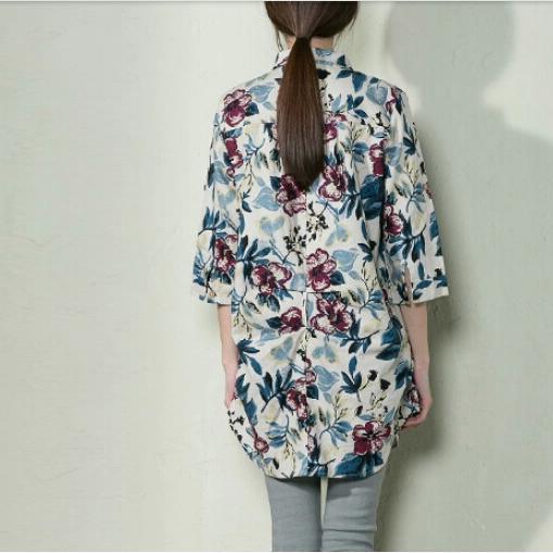 Navy floral women long shirt linen blouse plus size cotton top - Omychic