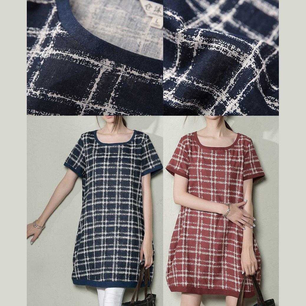 Navy grid oversize shift sundress summer dresses linen shirt - Omychic