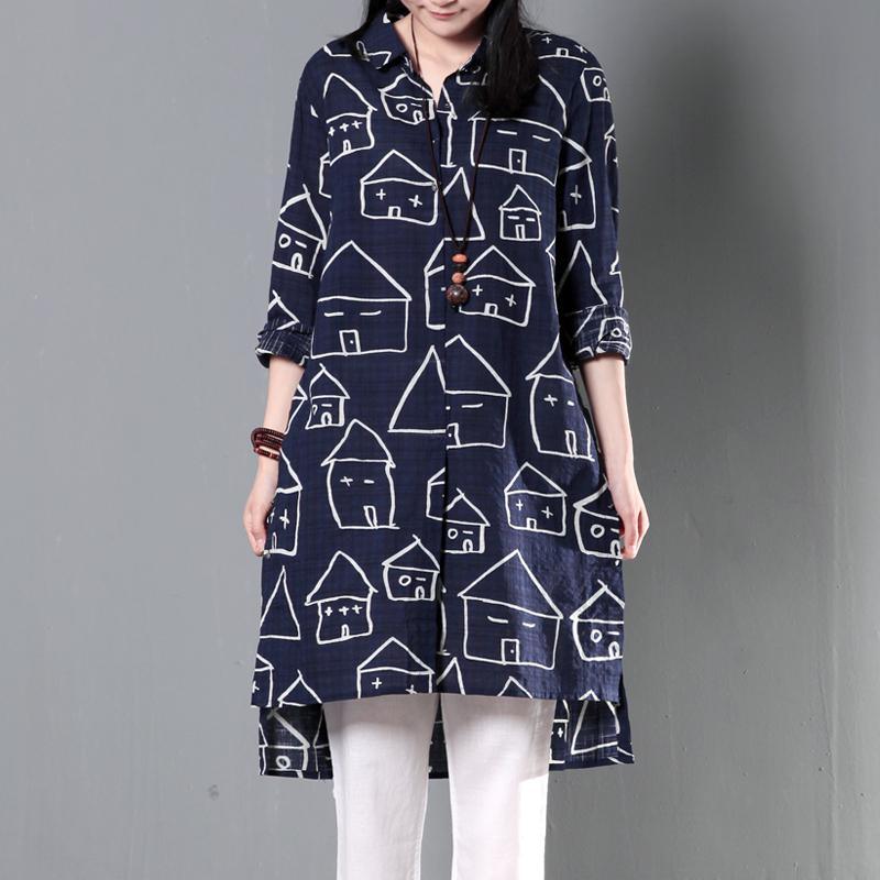 Navy happy house print cotton shirt dress summer shift dresses asymmetrical sundress - Omychic