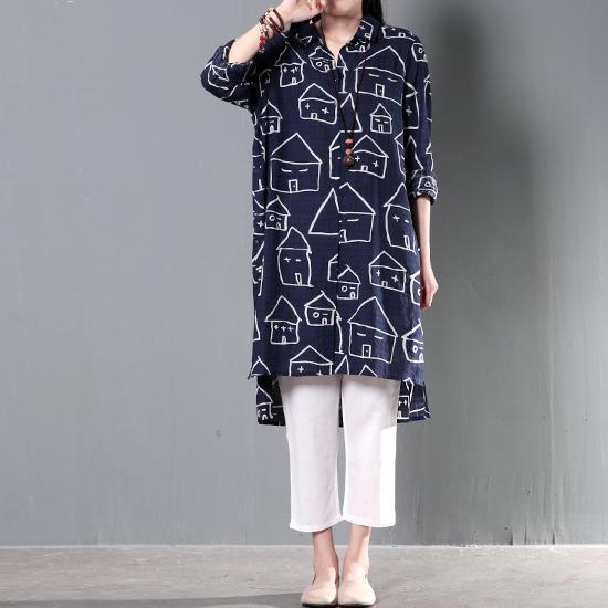 Navy happy house print cotton shirt dress summer shift dresses asymmetrical sundress - Omychic