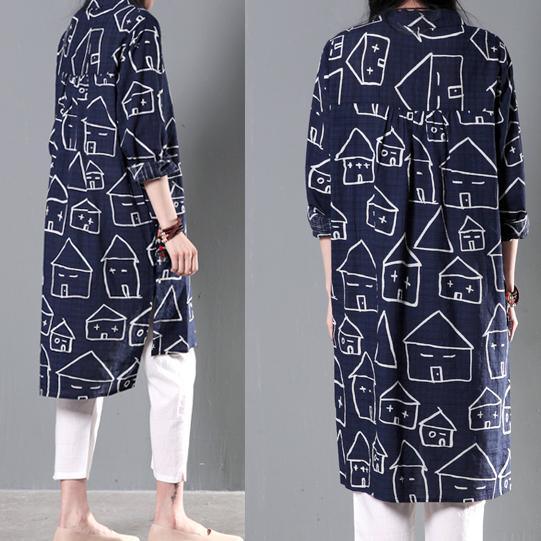 Navy happy house print cotton shirt dress summer shift dresses asymmetrical sundress - Omychic