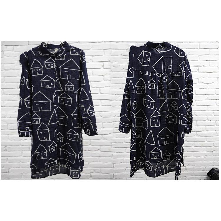 Navy happy house print cotton shirt dress summer shift dresses asymmetrical sundress - Omychic