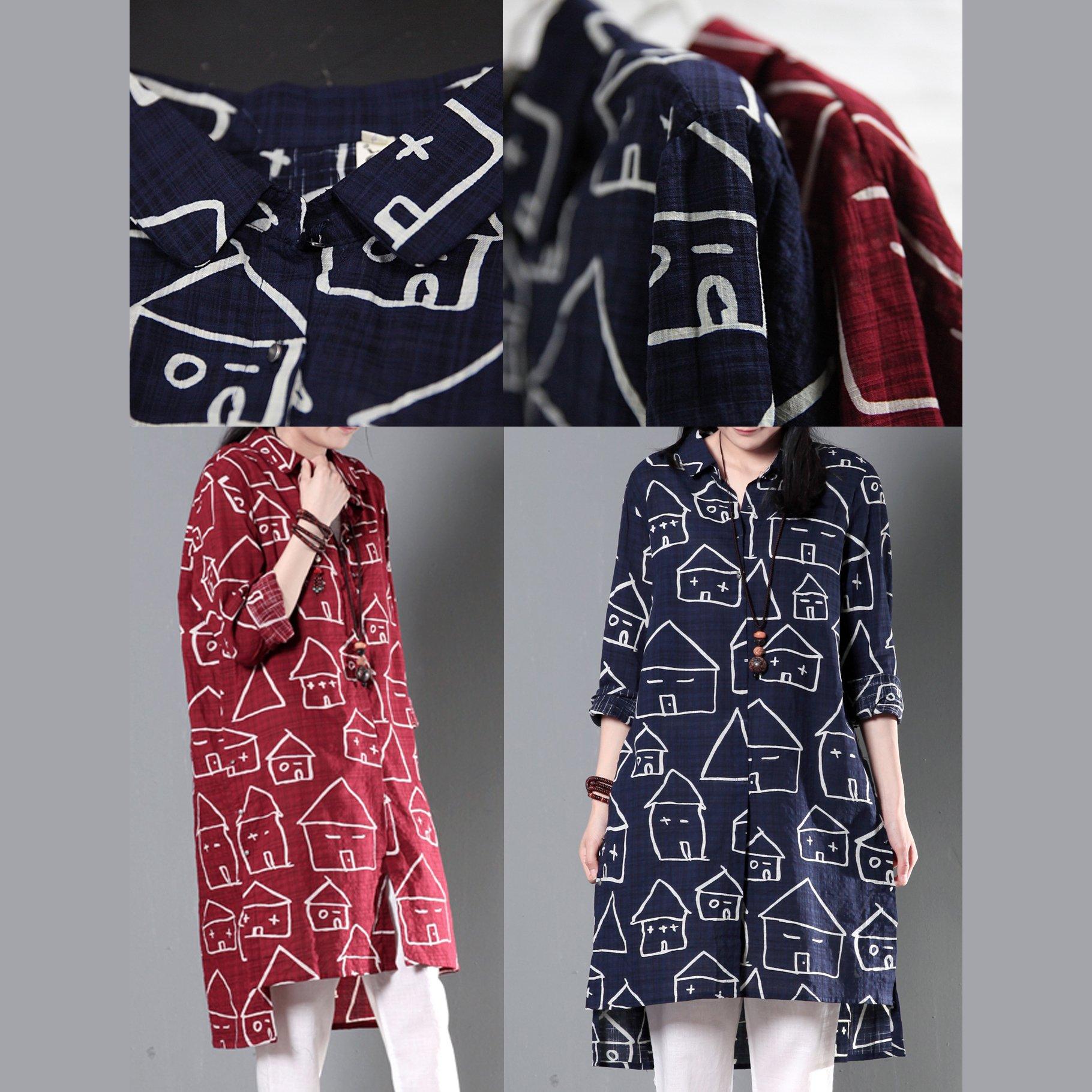 Navy happy house print cotton shirt dress summer shift dresses asymmetrical sundress - Omychic