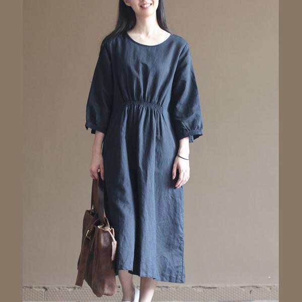 Navy high elastic waist cotton dresses plus size dress long maxi length - Omychic