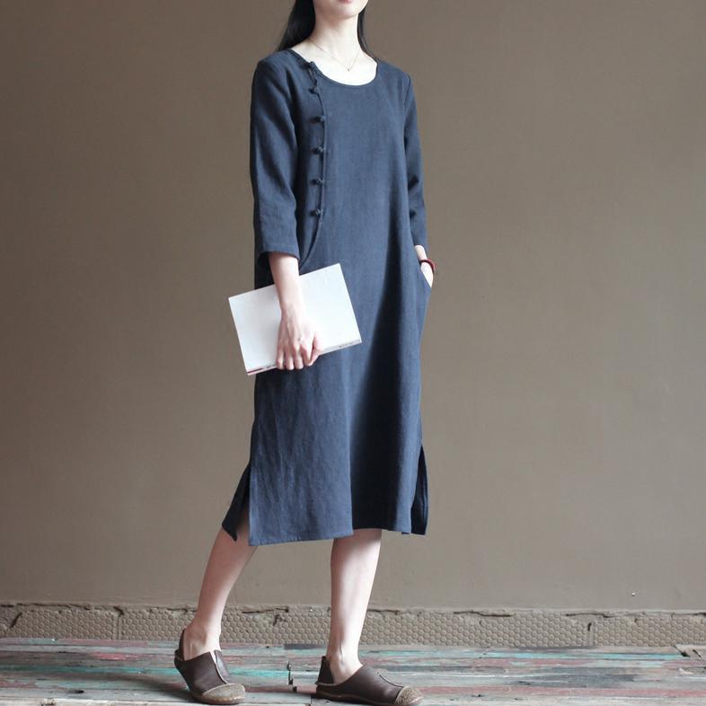 Navy linen dresses bust button details long linen maxi dresses - Omychic