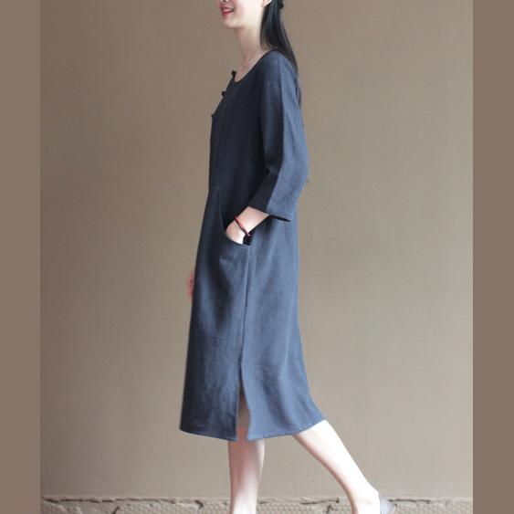 Navy linen dresses bust button details long linen maxi dresses - Omychic
