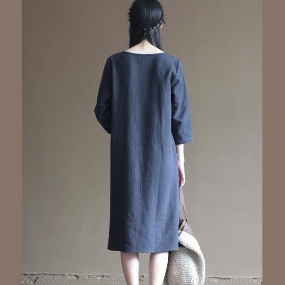 Navy linen dresses bust button details long linen maxi dresses - Omychic