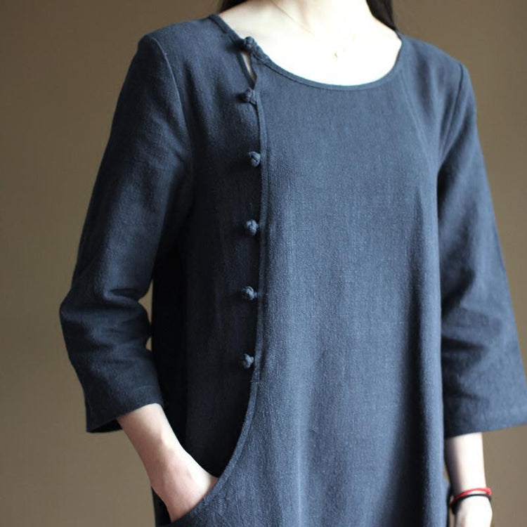 Navy linen dresses bust button details long linen maxi dresses - Omychic