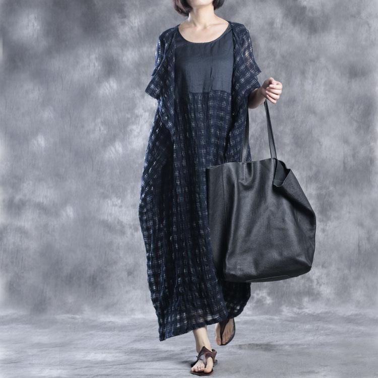 Navy linen dresses layered maxi dress summer caftans two pieces - Omychic