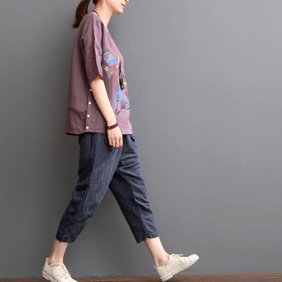 Navy linen pants crop trousers - Omychic