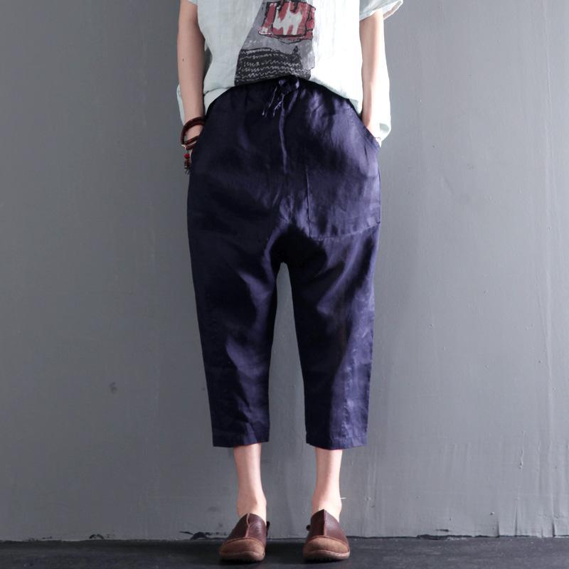 Navy linen pants summer crop pants large pockets - Omychic