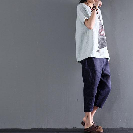 Navy linen pants summer crop pants large pockets - Omychic