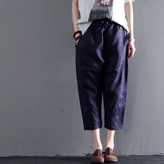 Navy linen pants summer crop pants large pockets - Omychic