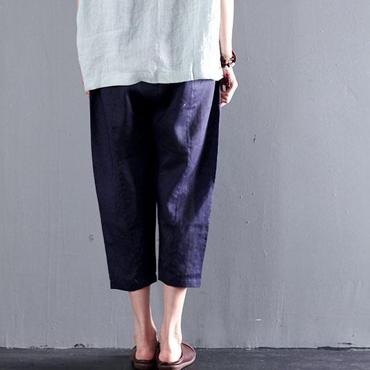 Navy linen pants summer crop pants large pockets - Omychic