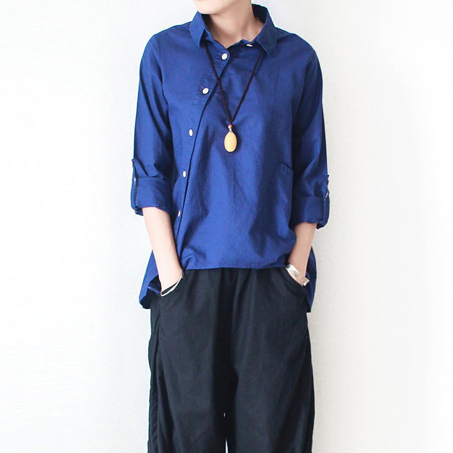 Navy linen shirt asymmetrical cotton t shirt womens top - Omychic