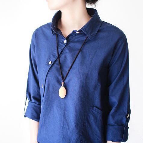 Navy linen shirt asymmetrical cotton t shirt womens top - Omychic
