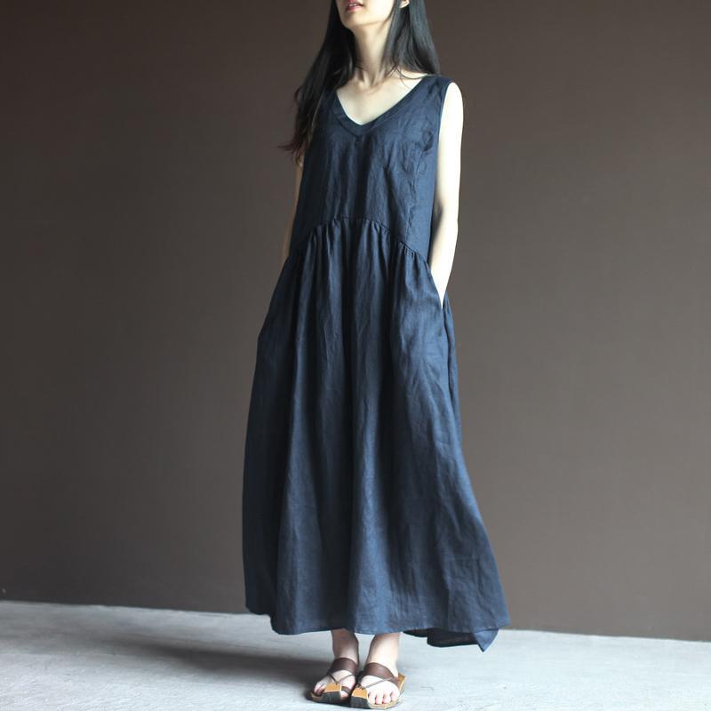 Navy linen dresss for summer maxi dresses sleeveless long sundress casual dresses - Omychic