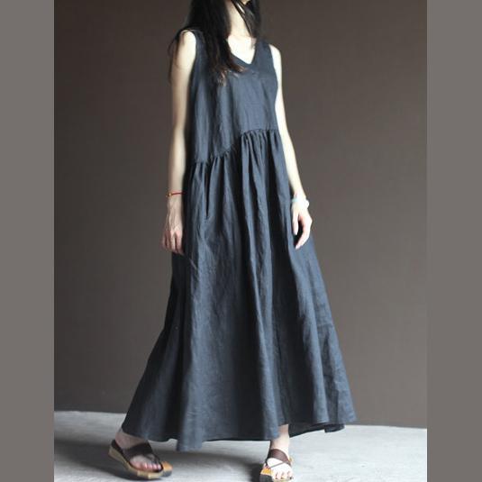 Navy linen dresss for summer maxi dresses sleeveless long sundress casual dresses - Omychic