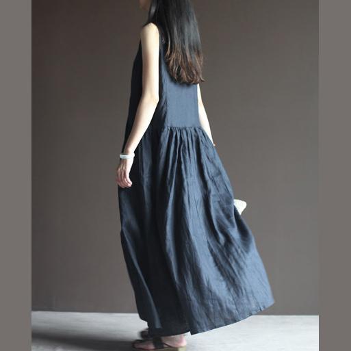 Navy linen dresss for summer maxi dresses sleeveless long sundress casual dresses - Omychic