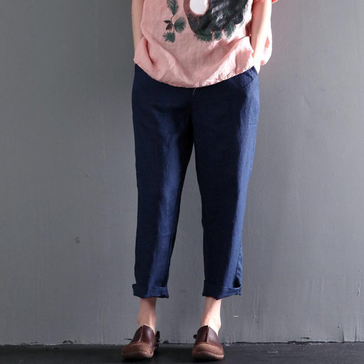 Navy linen summer pants plus size crop pants - Omychic