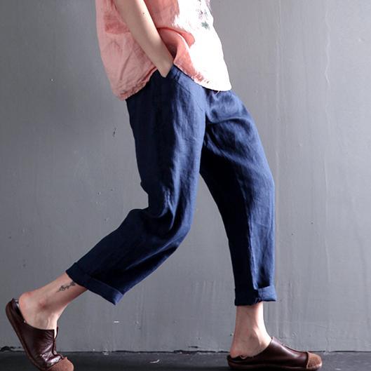 Navy linen summer pants plus size crop pants - Omychic