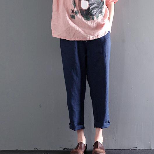 Navy linen summer pants plus size crop pants - Omychic