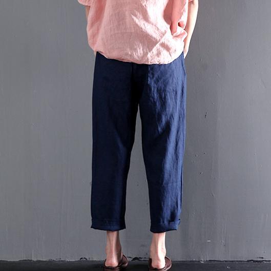 Navy linen summer pants plus size crop pants - Omychic