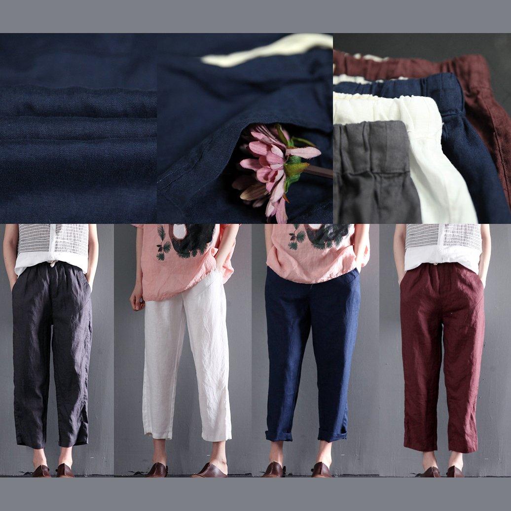 Navy linen summer pants plus size crop pants - Omychic