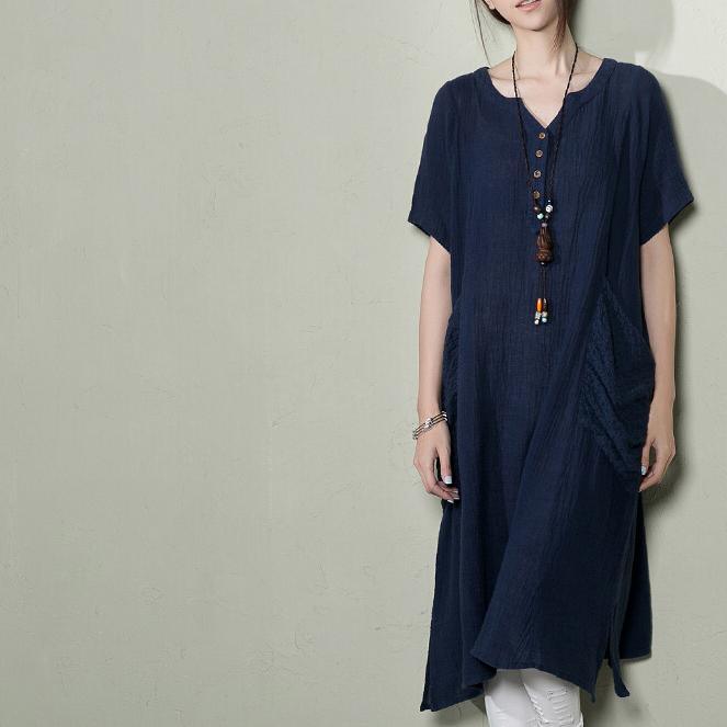 Navy linen sundress top quality summer dresses plus size shirt blouse top - Omychic