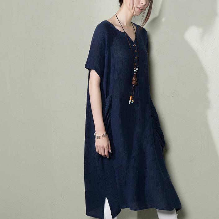 Navy linen sundress top quality summer dresses plus size shirt blouse top - Omychic