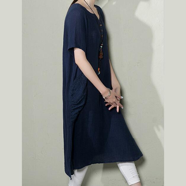 Navy linen sundress top quality summer dresses plus size shirt blouse top - Omychic