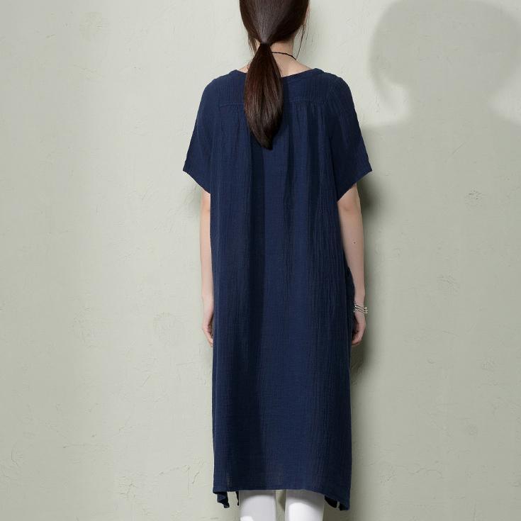 Navy linen sundress top quality summer dresses plus size shirt blouse top - Omychic