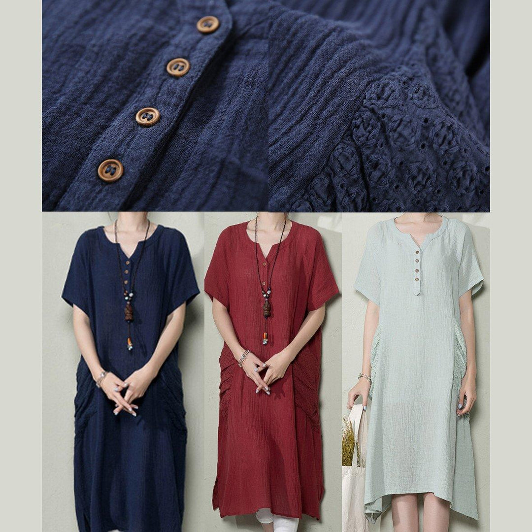 Navy linen sundress top quality summer dresses plus size shirt blouse top - Omychic