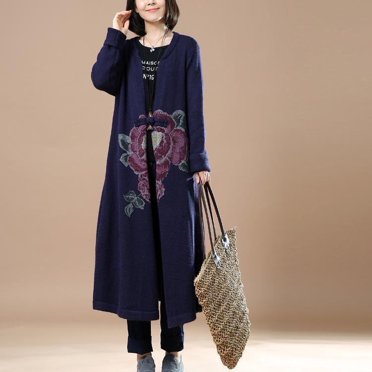 Navy long knit maxi coats woman - Omychic